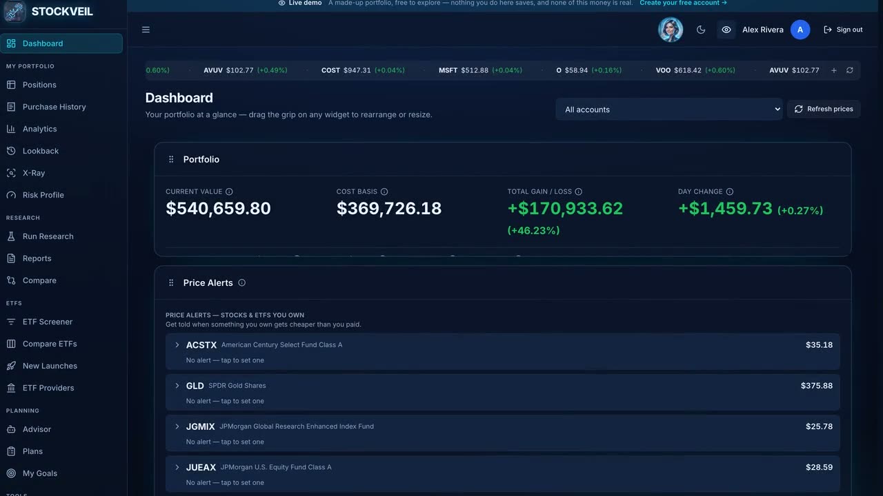 An investor at his desk opens Stockveil and his portfolio dashboard fills the screen