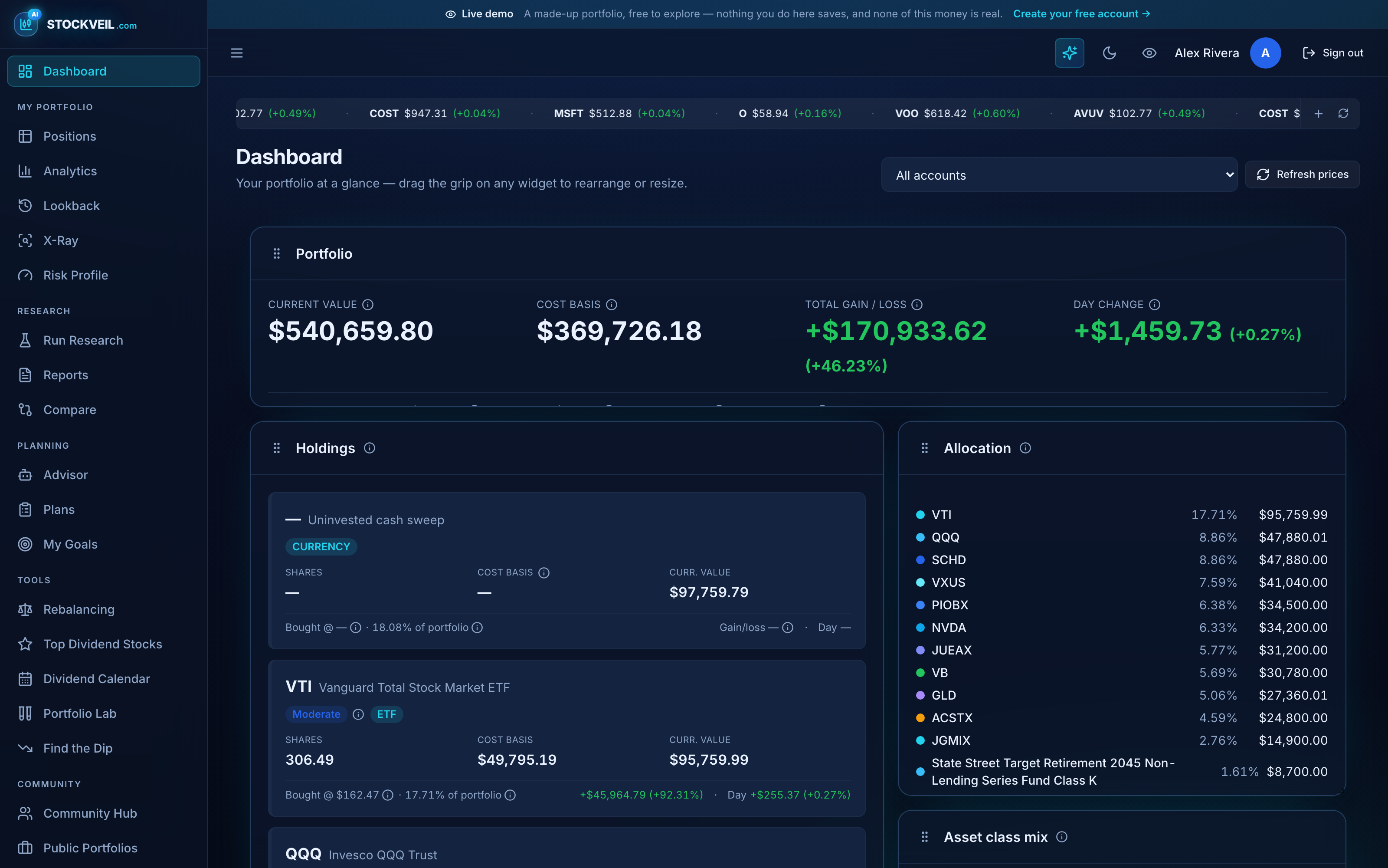 The Stockveil dashboard showing portfolio value, holdings and allocation